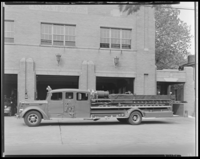 Central Fire Station; Lexington Fire Department; exterior of                             building, fire truck (engine) parked