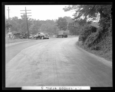 R.W. Keenon, Attorney; accident scene photographs, automobile                             wreck (crash) on Harrodsburg Pike; death (woman, wife); damaged truck                             and car (view from down the road)