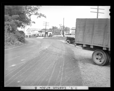 R.W. Keenon, Attorney; accident scene photographs, automobile                             wreck (crash) on Harrodsburg Pike; death (woman, wife); damaged truck                             and car (view from down the road)