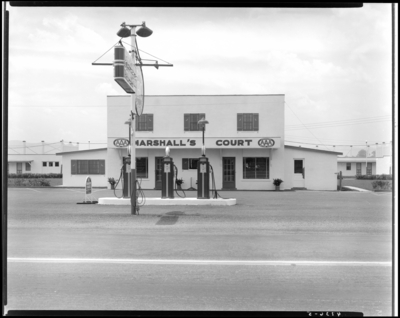 Marshall’s Court Tourist (Georgetown Road); exterior view of                             court and gas pumps (service station)