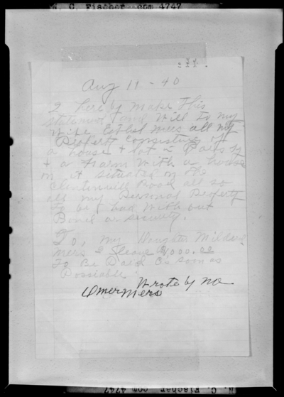 N.C. Fischer; Mers Will (Bourbon County Bank); copy                             document