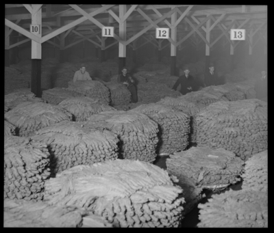 Lebus Tobacco Warehouse, 551 West Fourth (4th) and Blackburn                             Avenue; interior, four men standing next to stacked tobacco                             bushels