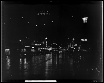Dupont; Main Street, Christmas scenes (decorations); view looking                             down length of Main Street; night shot