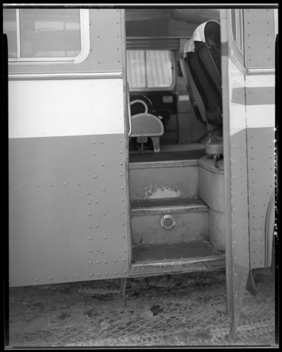 Southeastern Greyhound Lines (bus); close-up view of bus steps                             from outside of the bus