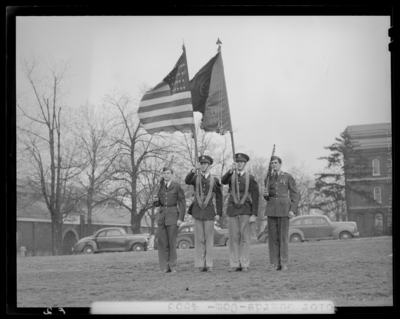 Color Guards, (1942 Kentuckian) (University of Kentucky);                             exterior of Buell Armory, marching exercises
