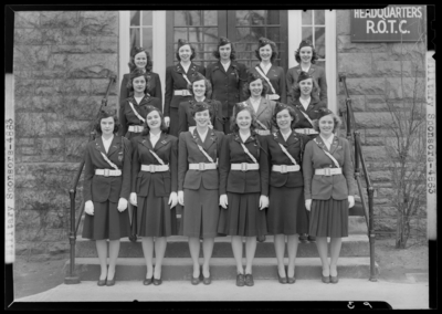 Military Sponsors, (1942 Kentuckian) (University of Kentucky);                             Armory, exterior; group portrait of Military Sponsors (women) in                             uniform