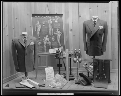 R.S. Thorpe (123, 125, 127 East Main); exterior, window display,                             men’s clothing; photographs requested by The Saturday Evening Post of                             Independence Square (Philadelphia)