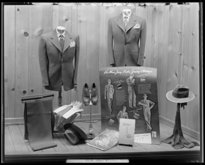 R.S. Thorpe (123, 125, 127 East Main); exterior, window display,                             men’s clothing; photographs requested by The Saturday Evening Post of                             Independence Square (Philadelphia)
