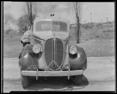 Gulf Refining Company, (Manchester & Old Frankfort Pike);                             exterior, damaged (wrecked) tanker truck, front view; photographs                             requested by Louis Van Overbeke (Travelers Insurance)