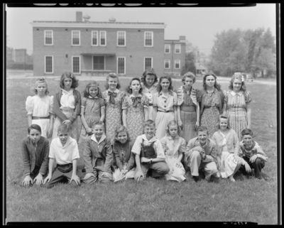 4-H Club; Shelby School; exterior of school building, children                             gathered on grass (lawn) for group portrait