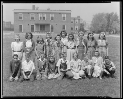 4-H Club; Shelby School; exterior of school building, children                             gathered on grass (lawn) for group portrait