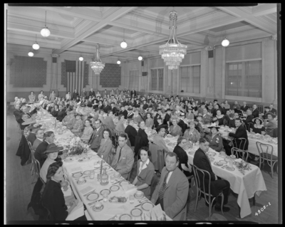 Broadway Christian Church, 187 Broadway; interior; Banquet for                             Reverend Sweeney; people gathered around banquet tables