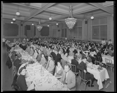 Broadway Christian Church, 187 Broadway; interior; Banquet for                             Reverend Sweeney; people gathered around banquet tables