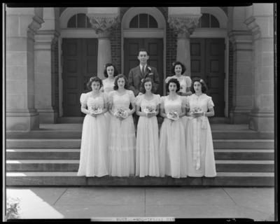Adath Israel Temple, 130 North Ashland Avenue; building,                             exterior, steps; girls in white dresses, group portrait