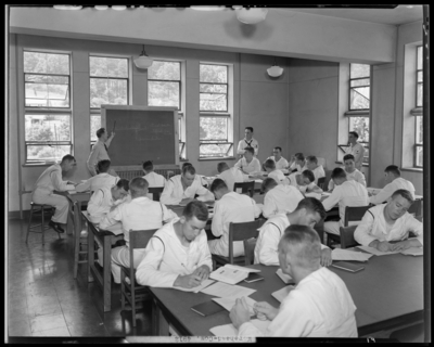 Moorhead College; classroom, interior; naval (navy) recruits                             sitting at tables
