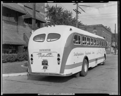 Southeastern Greyhound Lines (bus), 801 North Limestone;                             building, exterior; bus number 350 (no. 350) parked on the street; rear                             view