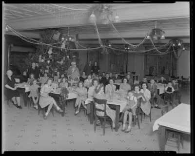 Odd Fellows Hall, 261 West Water; interior; Christmas Party with                             Santa; children gathered around banquet tables; Santa Claus standing                             next to Christmas Tree