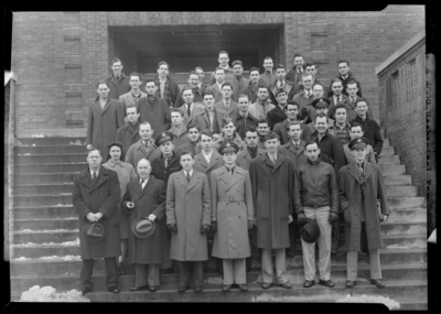 Mechanical Engineering group standing on steps of the Funkhouser                             building (1943 Kentuckian) (University of Kentucky)