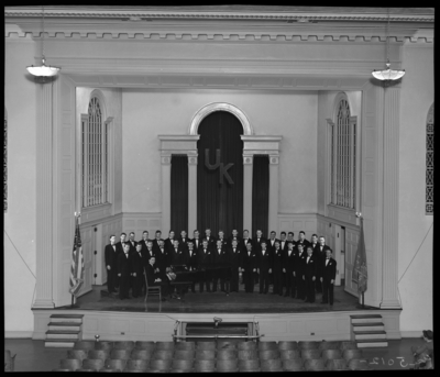Men’s Glee Club group gathered on stage of Memorial Hall (1943                             Kentuckian) (University of Kentucky)