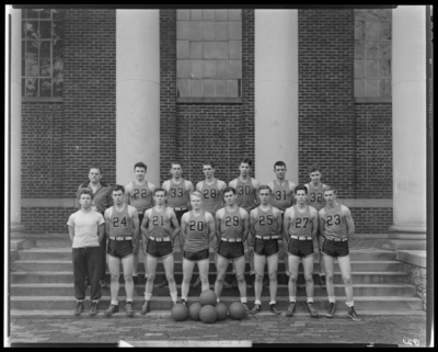 Georgetown College basketball team ; group standing on steps of                             building