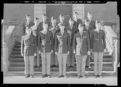 Military Company B group standing on steps of building (1943                             Kentuckian) (University of Kentucky)