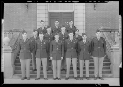 Military Company E group standing on steps of building (1943                             Kentuckian) (University of Kentucky)