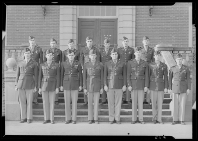Military Company I group standing on steps of building (1943                             Kentuckian) (University of Kentucky)