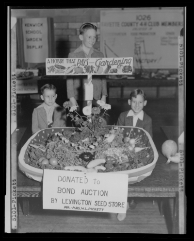 Mrs. W. L. Pickett; basket donated to bond auction; three boys                             with Gardening display