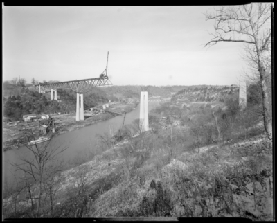 Mount Vernon Bridge Company; bridge under construction; view from                             upper bank of river