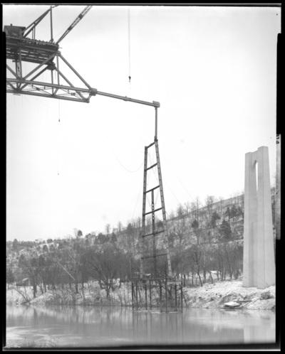 Mount Vernon Bridge Company; bridge under construction; view from                             river valley floor