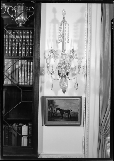 Widener Farm; interior; sconce and small painting located on the                             wall next to bookcase