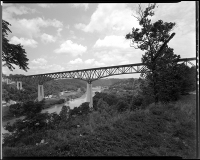 Mount Vernon Bridge Company; bridge under construction; view from                             upper river bank