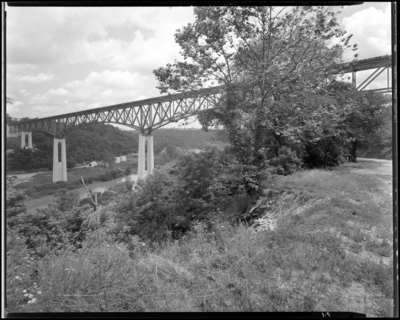 Mount Vernon Bridge Company; bridge under construction; view from                             upper river bank