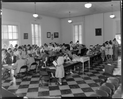 Georgetown College; interior of room; students signing up for                             classes