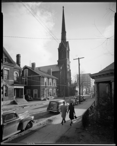 First Presbyterian Church, 174 North Mill; exterior; view of                             church and houses along the street