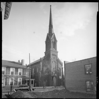 First Presbyterian Church, 174 North Mill; exterior; view of                             church and houses along the street