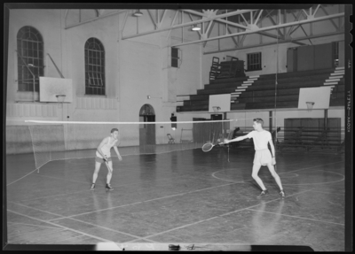 Georgetown College; Badminton; gym (gymnasium); interior; two                             players on the court