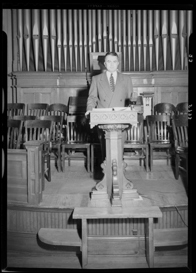 Georgetown College; church services; preacher (minister) at                             podium