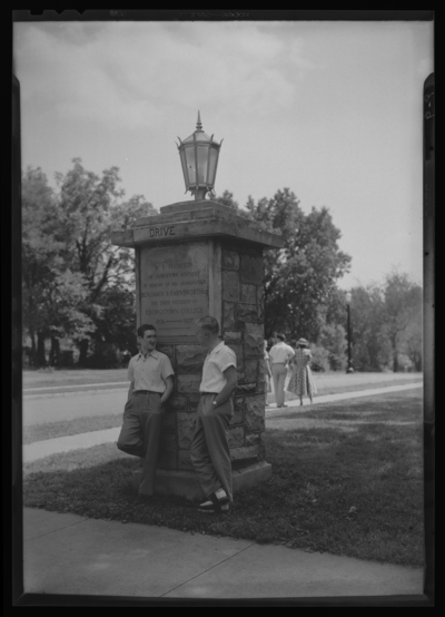 Georgetown College; campus scene; exterior; Drive Marker (roadway                             marker) with memorial inscription for 