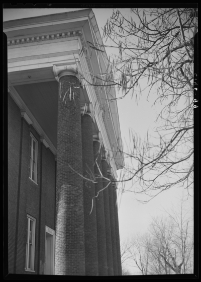 Belle of the Blue; Georgetown College; exterior of unidentified                             building; close-up view of the building's columns