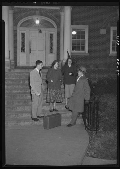 Belle of the Blue; Georgetown College; exterior; group gathered                             on the steps of building