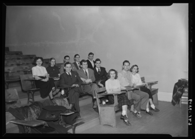 Belle of the Blue; Georgetown College; classroom; interior;                             student seated in lecture hall