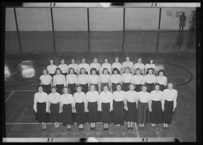 Belle of the Blue; Georgetown College; gymnasium (gym); interior;                             group of women on court; group portrait