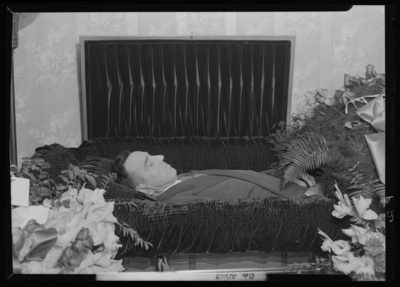 William Parrish; corpse; open casket surrounded by                             flowers