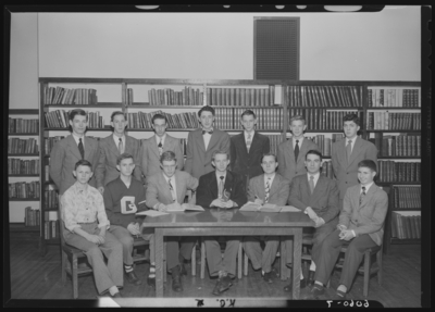 Garth High School (Georgetown, Kentucky); library; interior;                             group gathered around table; group portrait