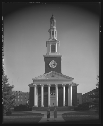 Memorial Hall; University of Kentucky; exterior; two women                             standing in front of building