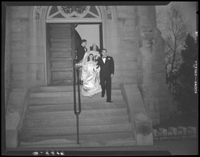 Mr. & Mrs. Ronald Lee Cole; wedding; exterior; bride and                             groom exiting unidentified church