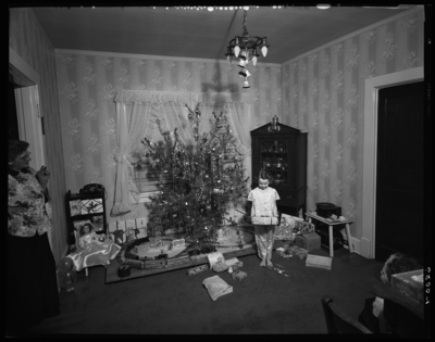 Gross, Judy; Christmas tree; child in front of tree; interior of                             house