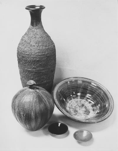Two ceramic pots and three plates by John Tuska