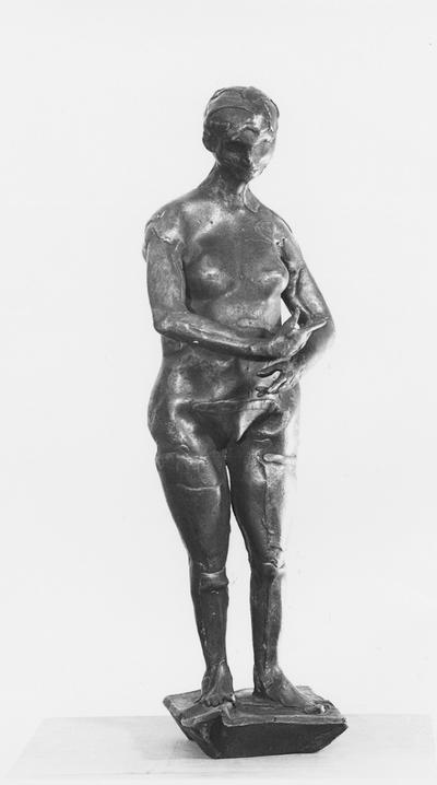 A bronze figure sculpture with a Georgian marble base entitled 